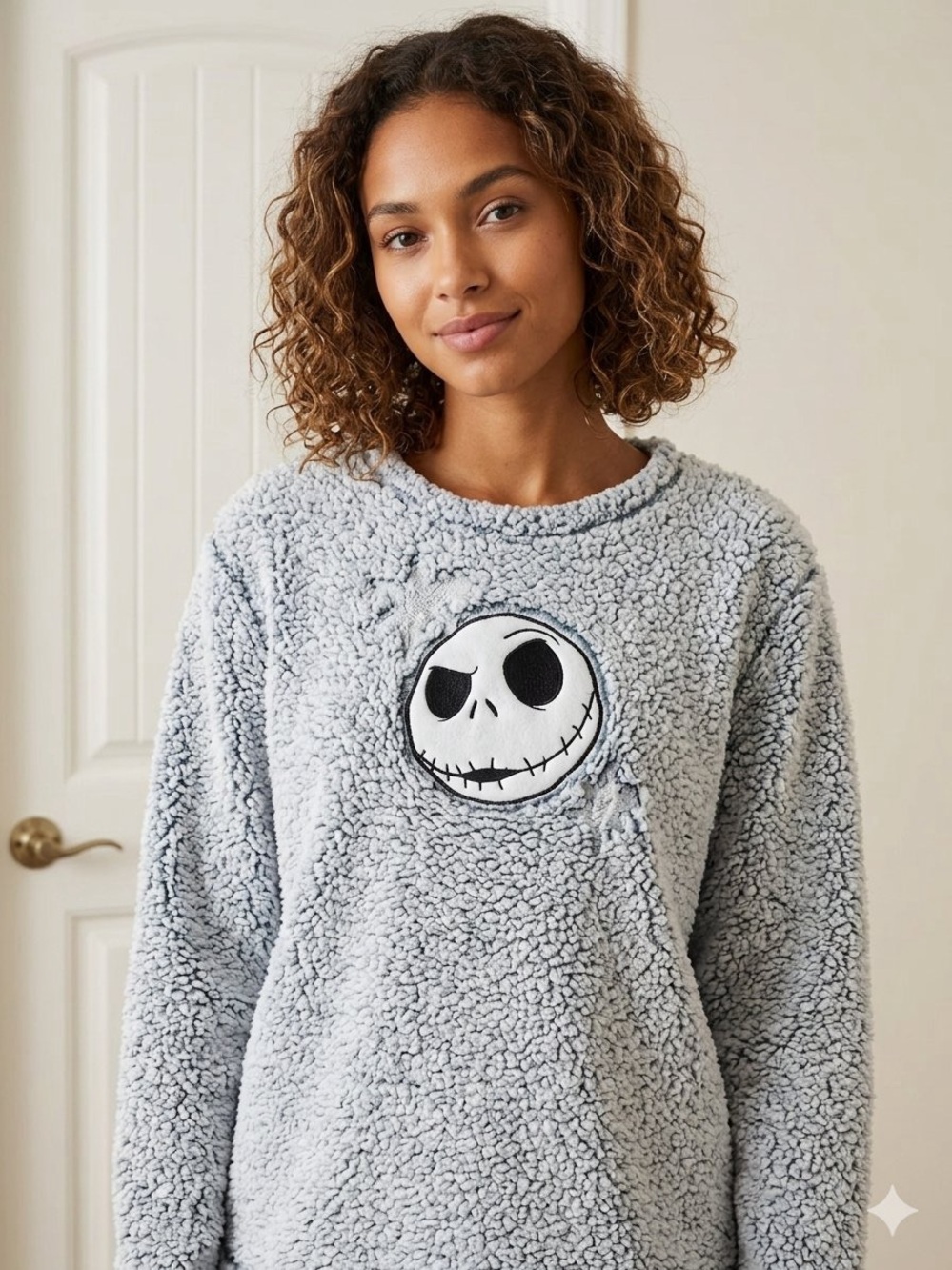 Light Gray Sherpa Pullover with Skull Applique